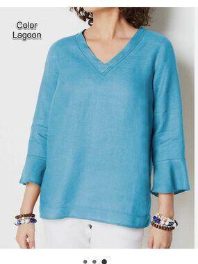 J Jill Size M Medium Linen V-Neck Flouce Sleeve Top